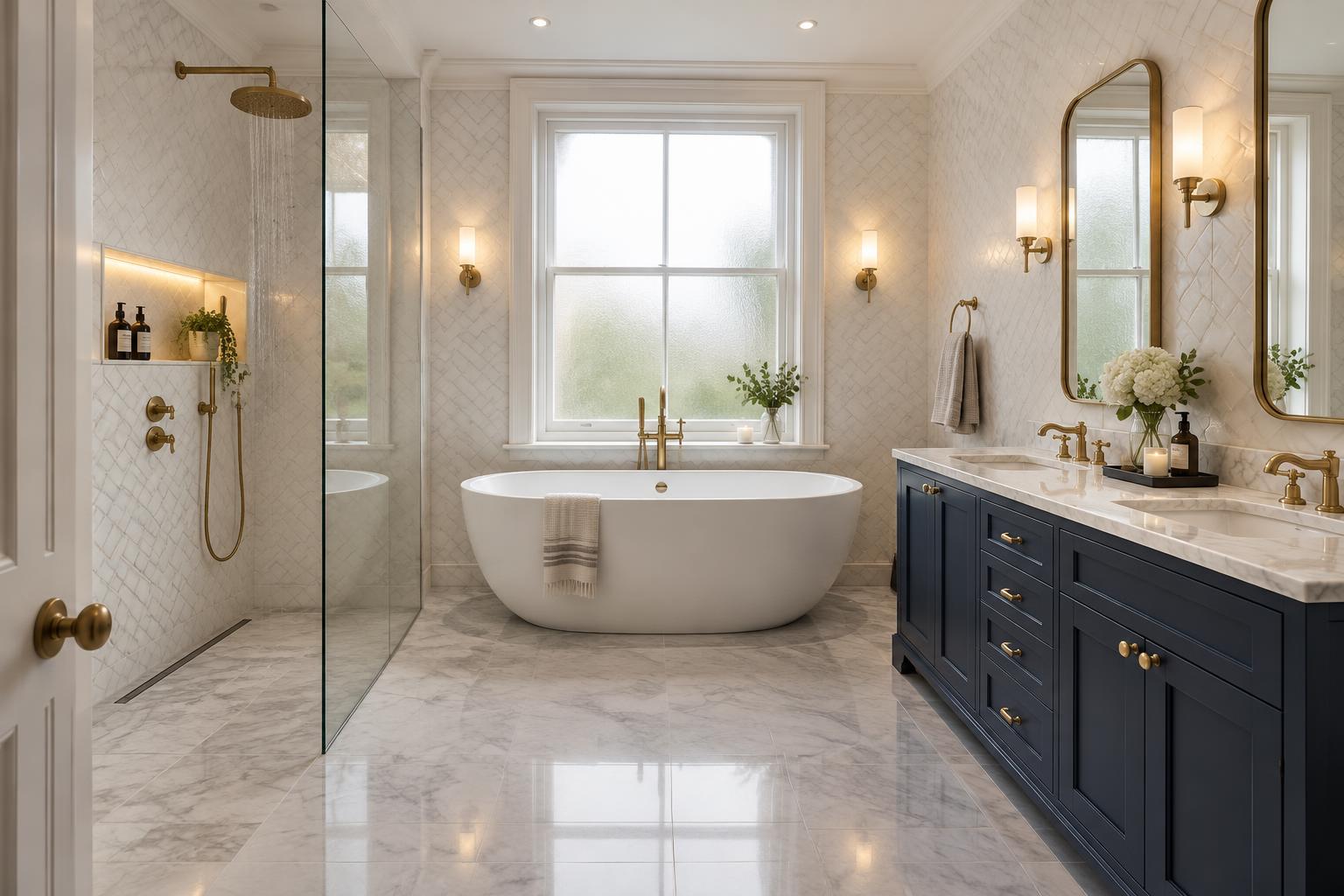 A bright bathroom with brass fittings and a walk-in shower