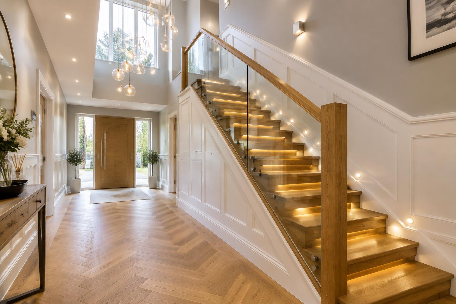 A renovated hallway and staircase with oak and glass