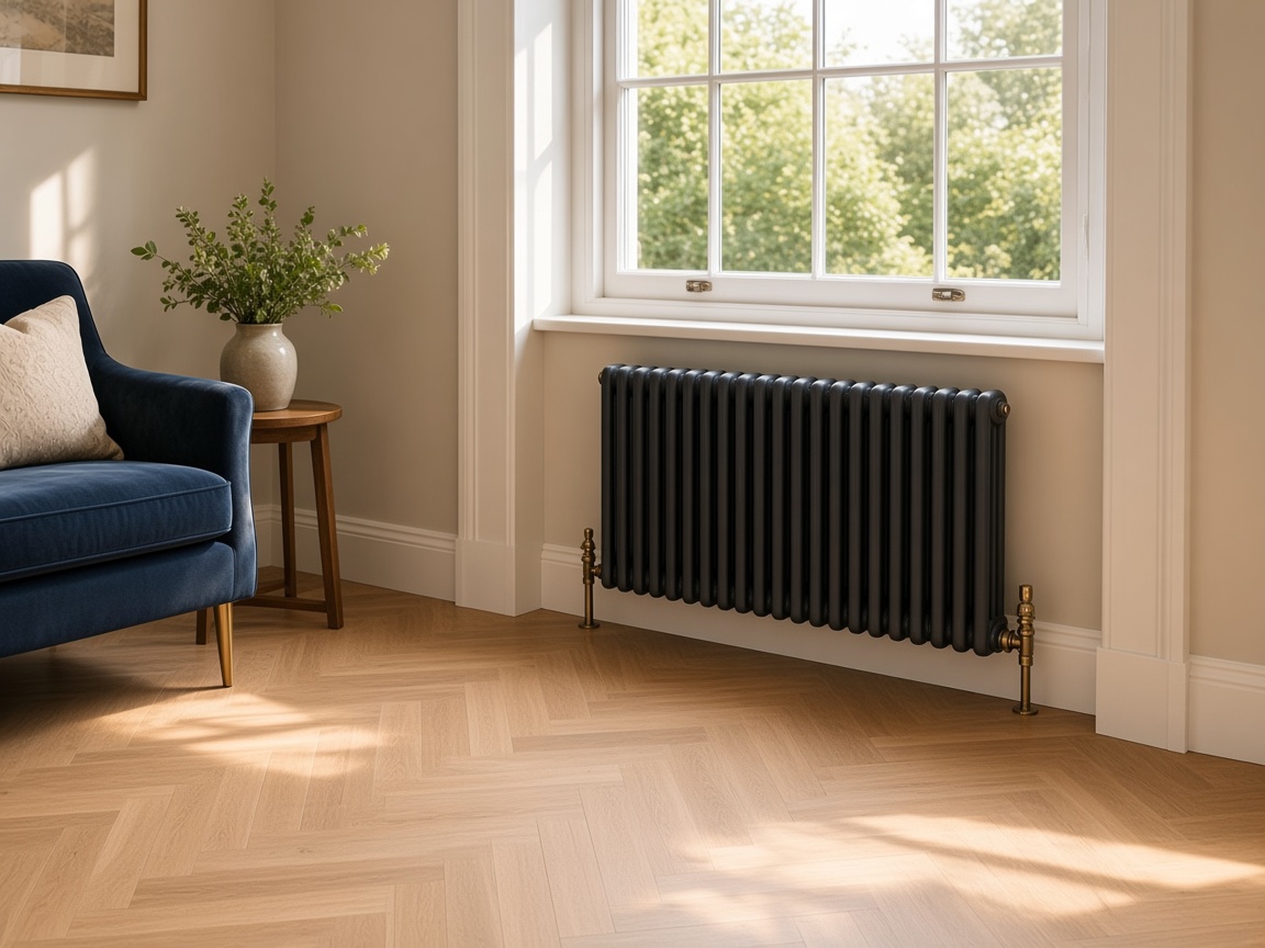 A black column radiator beneath a sash window