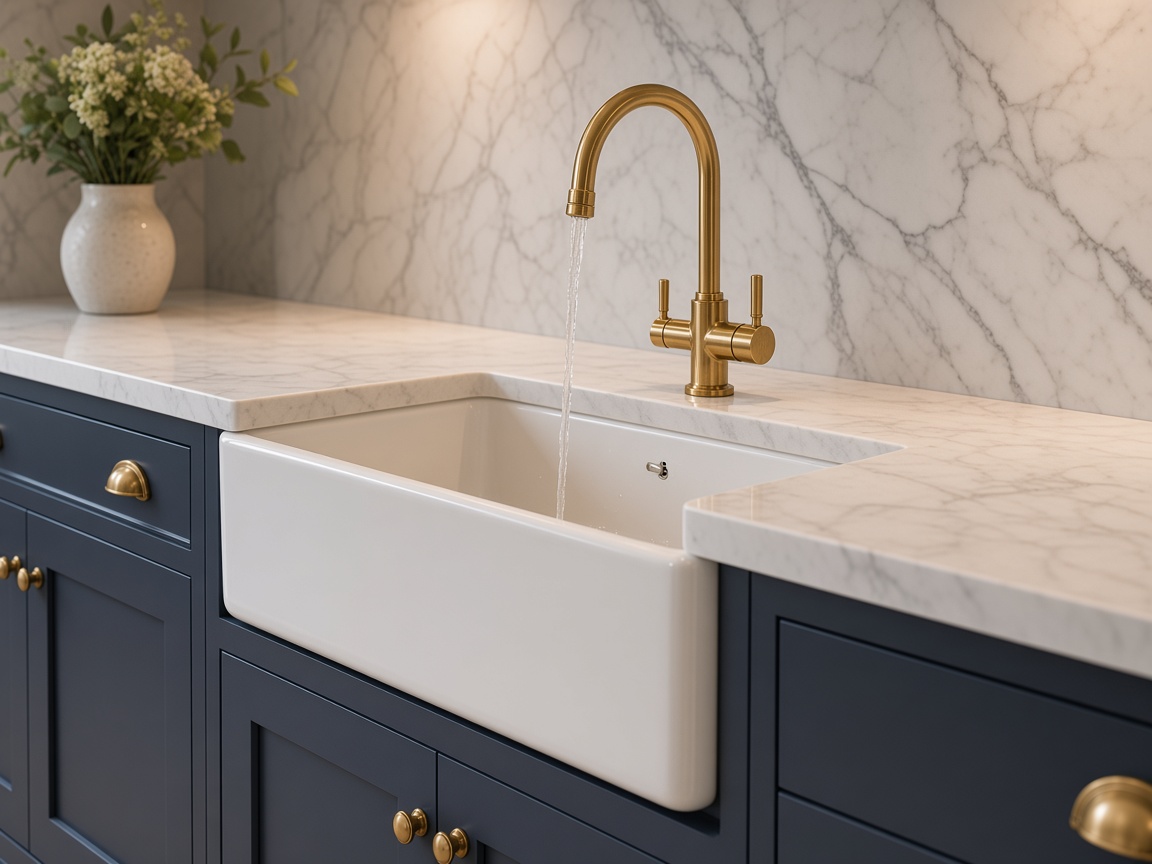 A brass mixer tap running into a white butler sink
